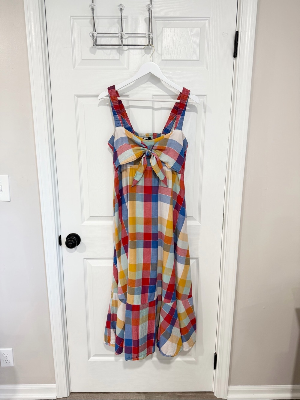 HATCH Scarlett Maternity Preppy Coastal Dress Size 2 Plaid Bow Cotton Midi